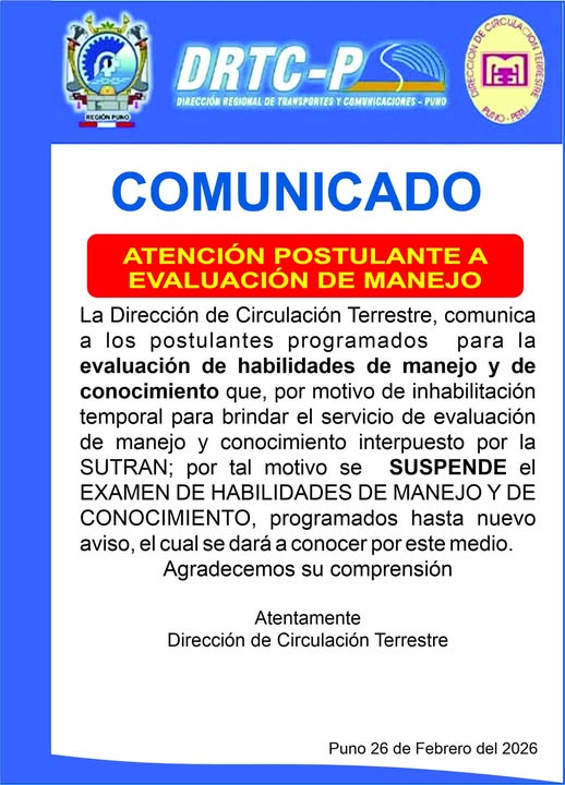 COMUNICADO "ATENCIÓN POSTULANTE A EVALUACIÓN DE MANEJO" DRTC-P